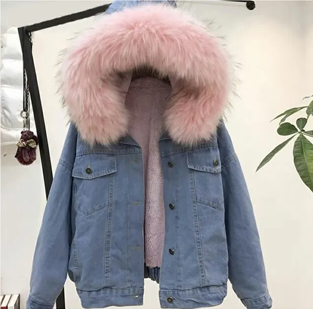 Femmes jean veste hiver épais Jean veste fausse fourrure col polaire à capuche manteau femme chaud Denim Outwea I6GW