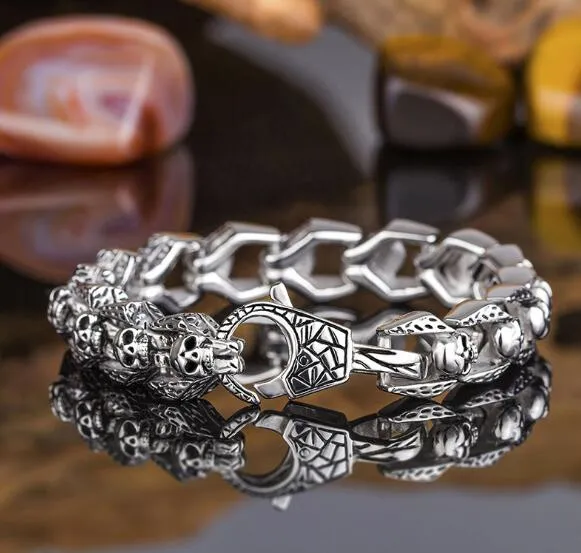 Bracelet homme gothique crânes maillon chaîne acier inoxydable 316L argent Punk Biker