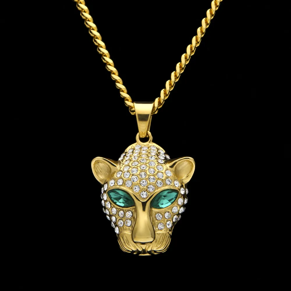 Acciaio Hip inossidabile luppolo inossidabile uomo oro bling verde diamante occhi leopardo pendente cubano a catena cubana fumetto gioielli animali da cartone animato per ragazzi in vendita