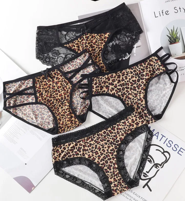 Sexy Leopard Print Lace Thong Knickers Briefs Fashion Women Underwear Lace  Panty Comfy Ice Silk Shortie Lingerie Size M L