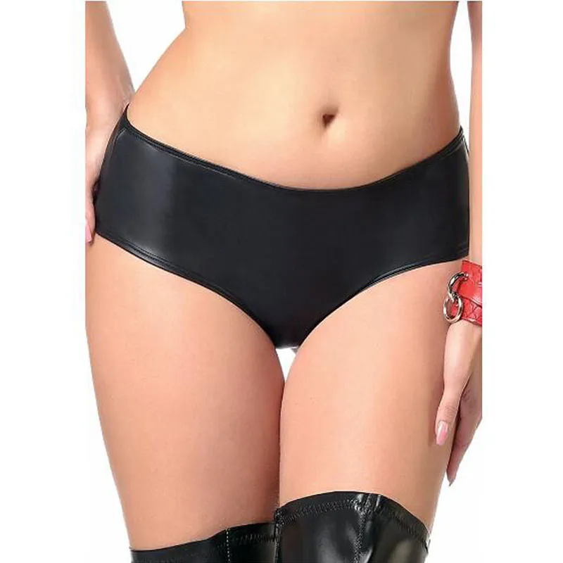 Plus Size Low Waist Faux Leather Panties Women Sexy Shiny Metallic