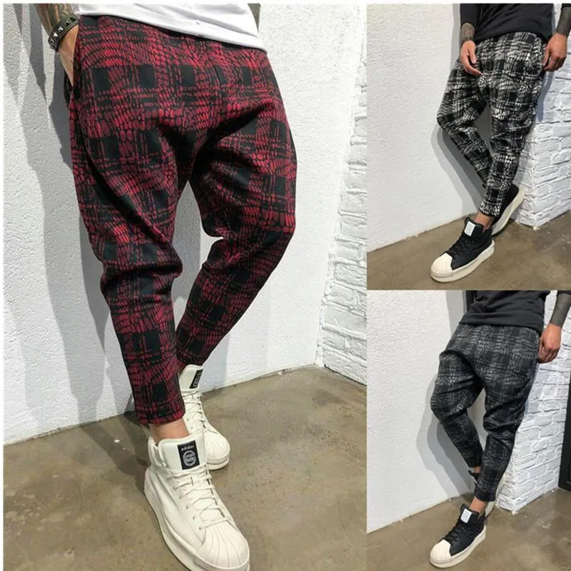 Sexy High Waist Spring and Summer Fashion Pocket Men's Slim Fit Plaid Straight Leg Trousers Casual Pencil Jogger Casual Pants