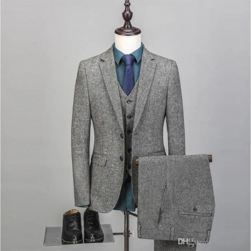 2019 Nya Bröllop Tuxedos Mäns Vintage Wedding Suit 3 Pieces Tweed Fleck 2 Knapp Ullgrå Skräddarsydd Fit Groom Wear Jacket Pants Vest