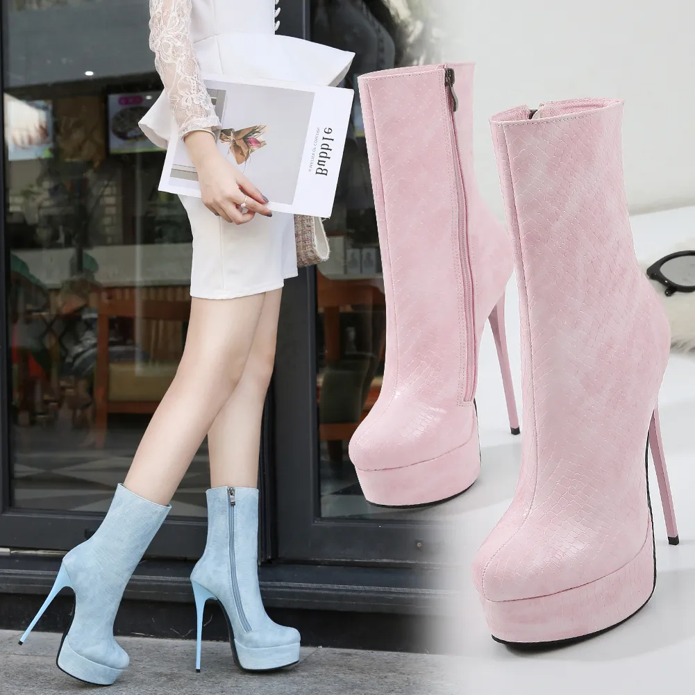 Hot Sale- Sexy Zipper Stiletto Heel Platform Ankle Boots Nightclub Designer Shoes