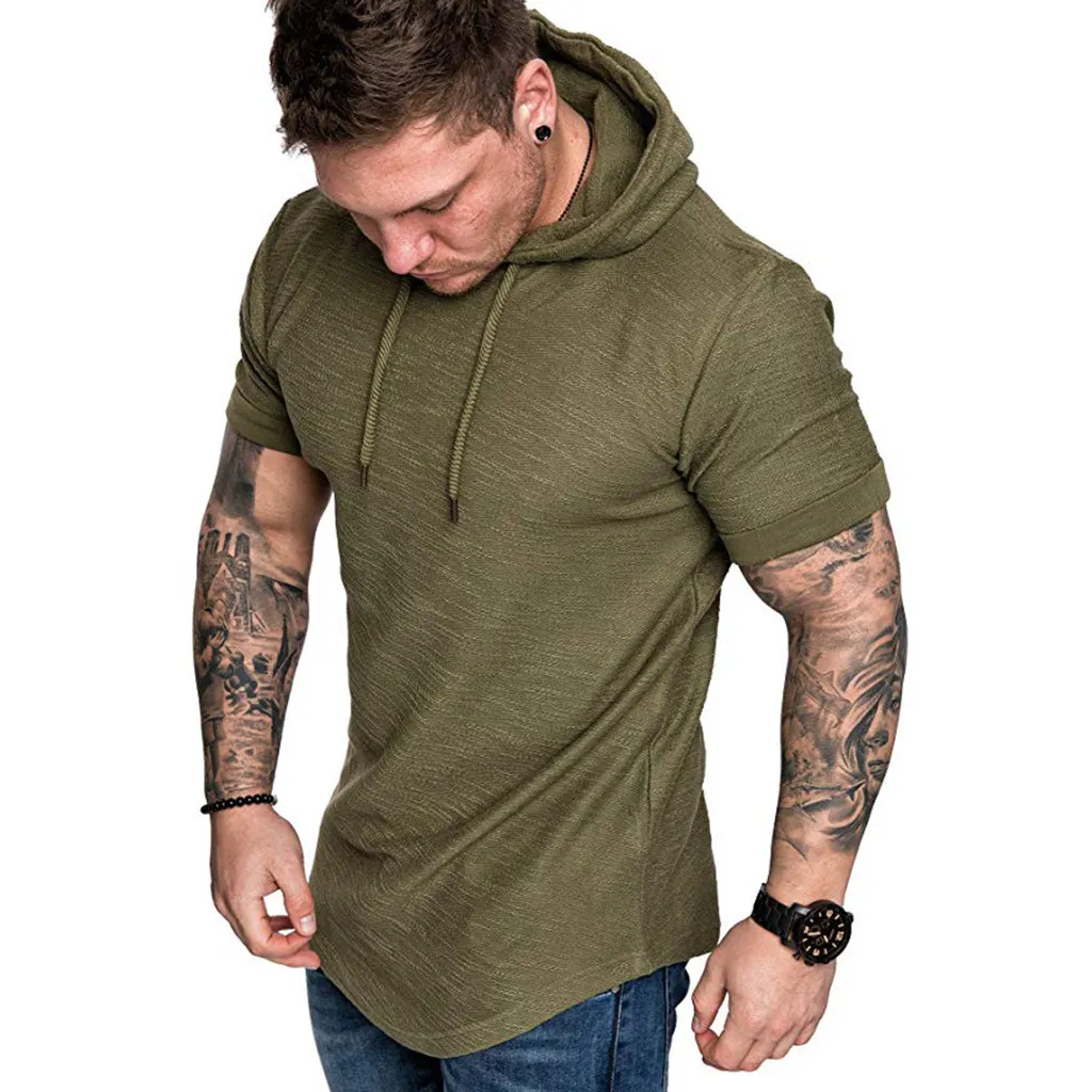 QNPQYX Nova camiseta de verão de manga curta com capuz masculina de cor sólida moda com capuz top masculino fino ajuste camiseta camisa masculina dropshipping