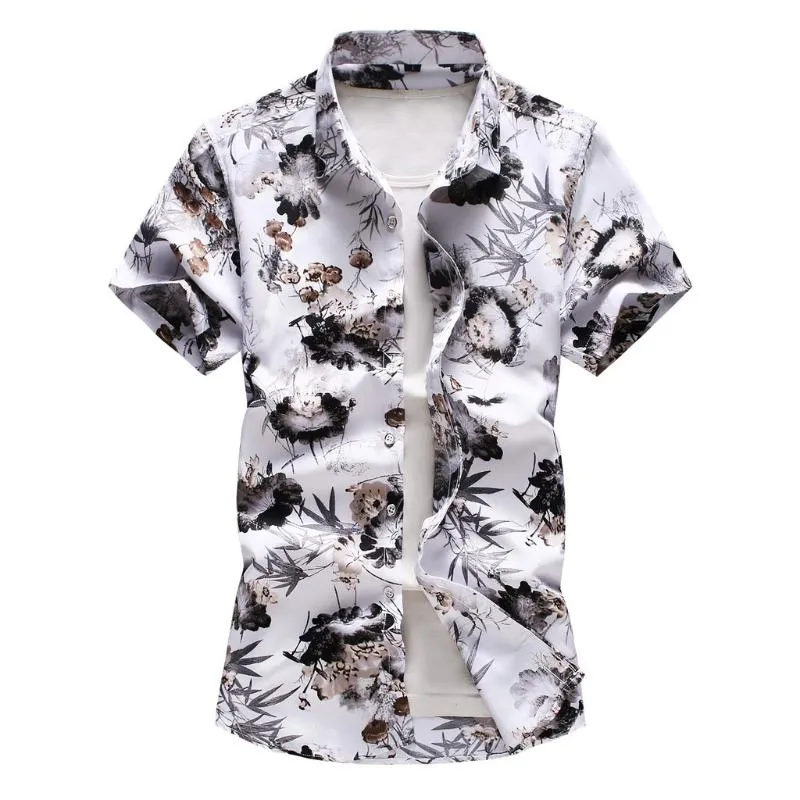 Roupa masculina colar de mesa botons Cópia casual Hawaiian manga curta camisa superior plus tamanho masculino praia feriado slim camisas # 13