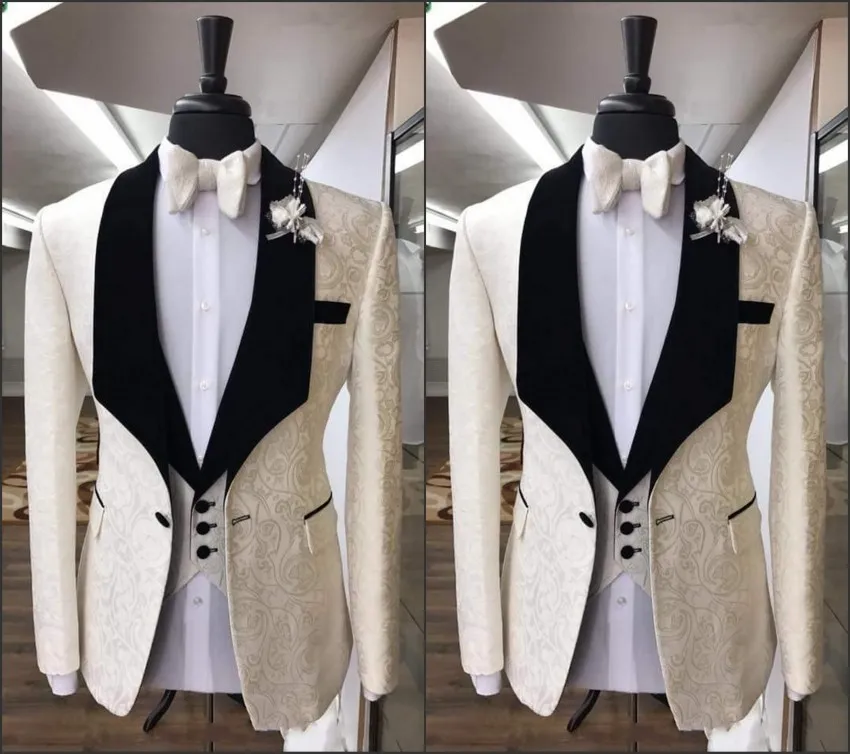Smoking da sposo jacquard in raso nero con risvolto Groomsman da matrimonio abito da 3 pezzi moda uomo business giacca da ballo blazer (giacca + pantaloni + cravatta + gilet) 2590