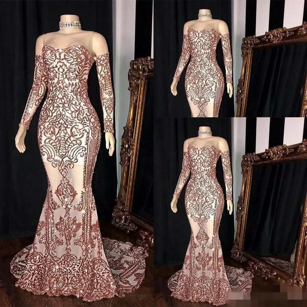 Rose bescheiden gouden pailletten avondjurken tweedelige lange mouwen lieverd halslijn zeemeermin op maat gemaakte prom feestjurk formele kleding