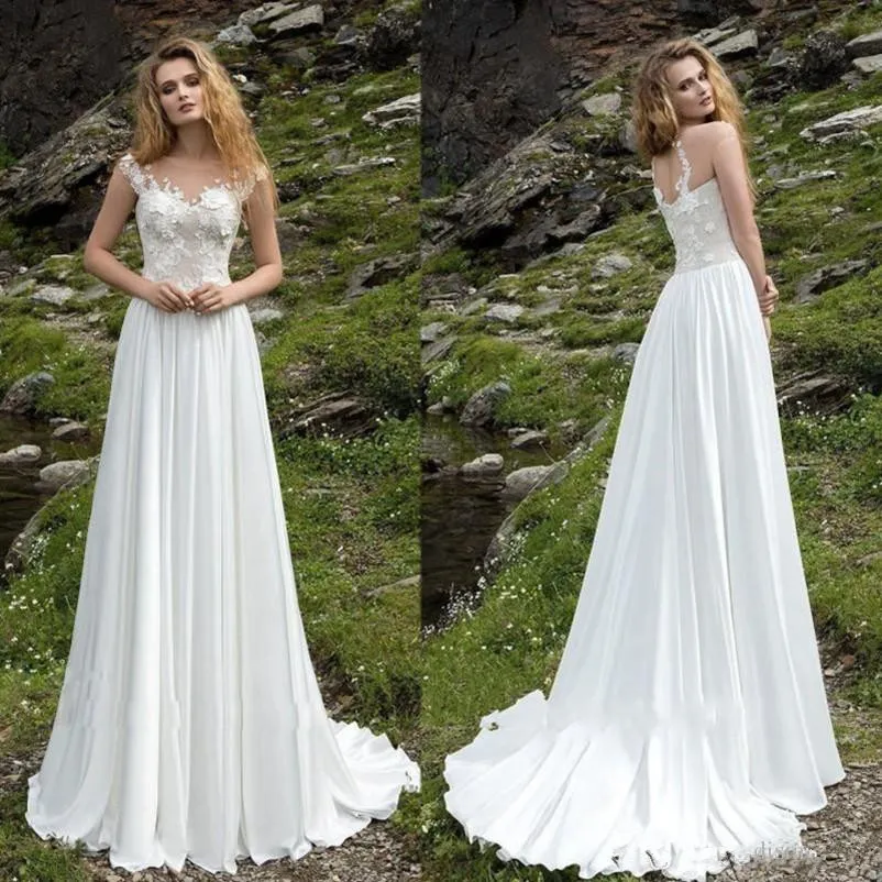 2020 pas cher blanc mousseline de soie plage robes de mariée une ligne dentelle appliques robe de mariée robes africaines vestido largo abiti da sposa