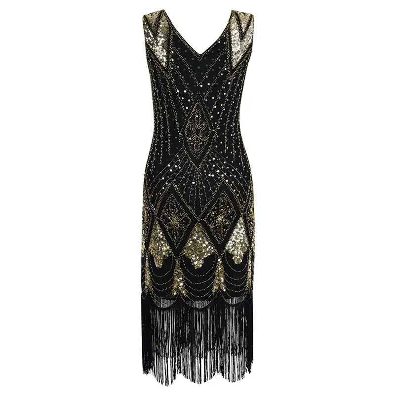Vintage Sequin V Neck Party Dress with Tassel and Beading for Women - 1920s Gatsby Clubwear in Glitter Black/Burgundy