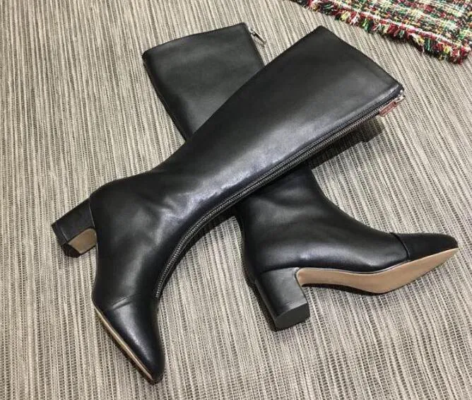 Sıcak Satış-Moda Kadın Ayak bileği Ve Diz Boots Martin Kare Yüksek Topuk 5CM Sivri Ayak parmakları Orta Zip Patik