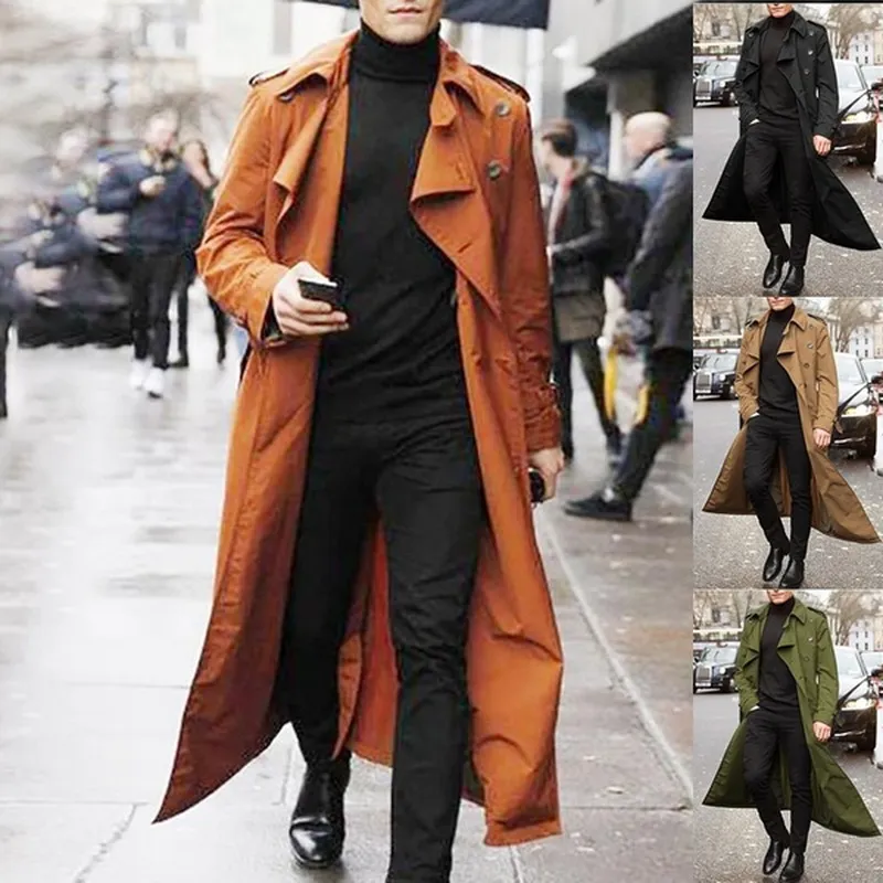 Mjartoria 2020 Long Trench Coat Män Solid Klassisk Vinter Jacka Män Casual Loose British Style Trench Overcoat Streetwear Coat