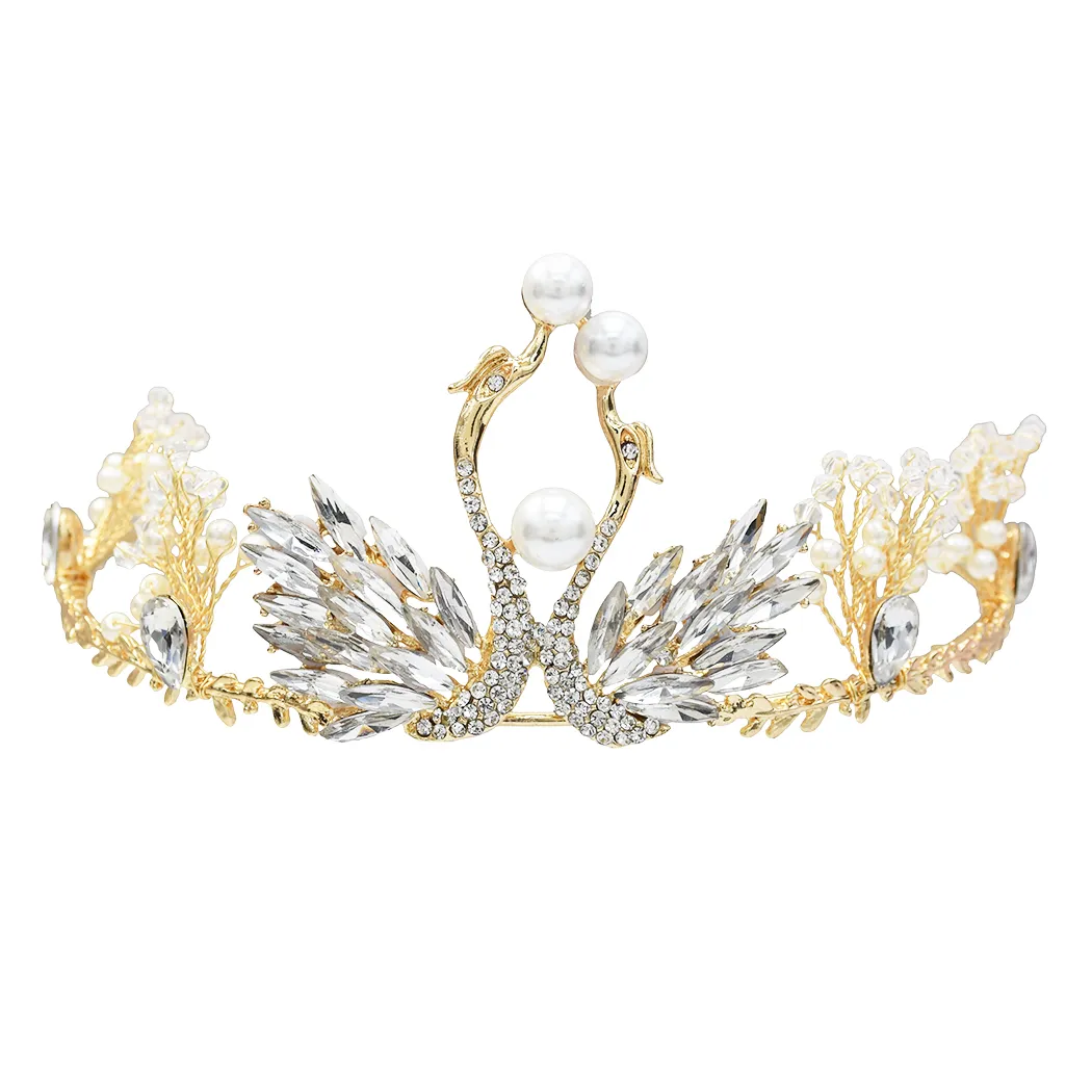US-Lager-Swan-Form-Braut-Stirnbänder Tiara-Krone mit Kristall und simulierten Perlen-Hochzeits-Kopfschmuck-Haar-Accessoires für Frauen