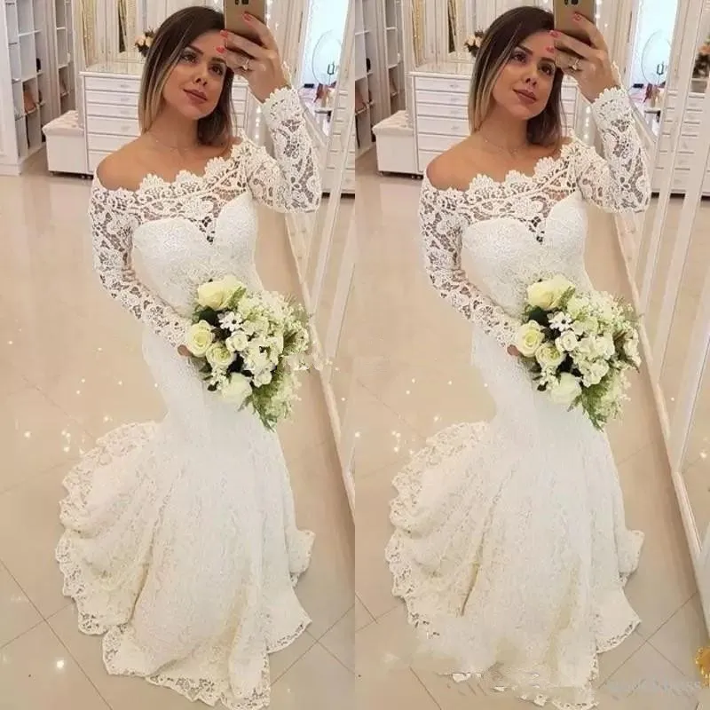 Nouveau Blanc Élégant Robes De Soirée De Soirée À Manches Longues Hors Épaule Pleine Dentelle Balayage Train Longue Formelle Robes De Soirée De Bal Robe Occasion Spéciale