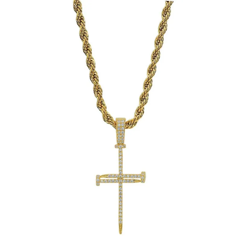 Ciondolo croce con chiodo in zircone oro Materiale in oro argento rame ghiacciato Croce CZ Pendenti Collana Catena Gioielli hip hop di moda