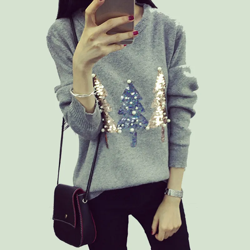 Sequins Pearl Christmas Tree Women Pullover Sweater O Neck Long