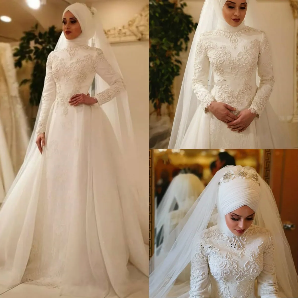 Vintage Wedding Dress with Matching Veil, Lace Beaded Sweep Train - Customizable Garden Gown
