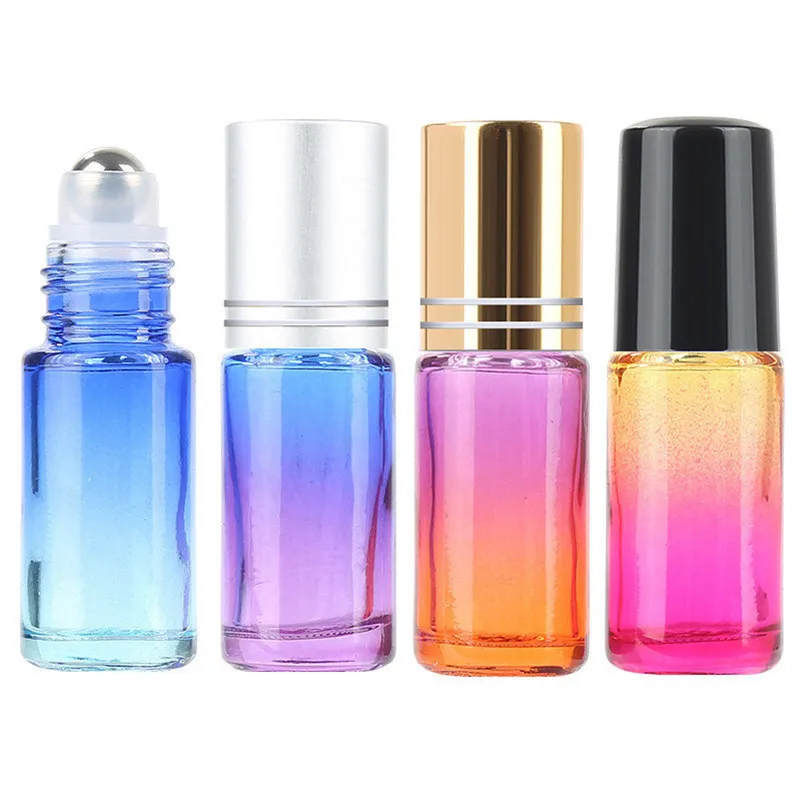 5 ml regenboog kleur glazen flessen parfum essentiële olierolfles met roestvrijstalen rollerballen container