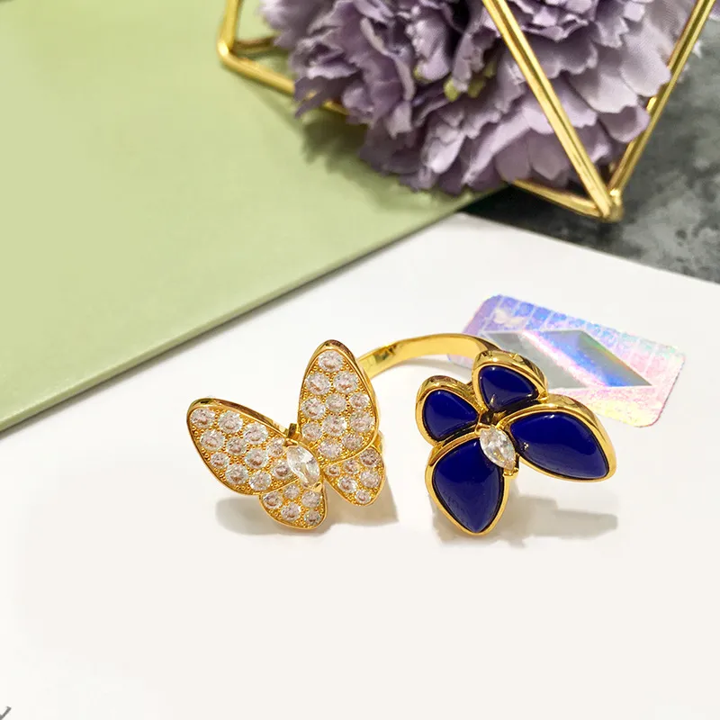 Hurtowo-hot-sprzedawana miedziana złota biżuteria trifolium lapis diament podwójny motyl otwarty pierścień z pudełko