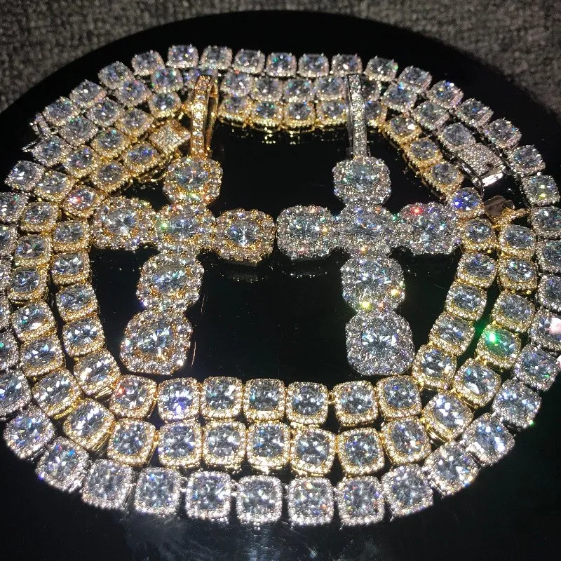 Cadeias Congeladas Hip Hop Jóias Homens Colar de Pingente de Diamante Cruz Completa Micro Cubic Zirconia Conjunto de Cobre Colar de Diamante Pão Diamante