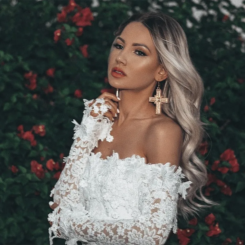 ワンピース [Cest Moidew] Check lace mini dress Joyfunear 2019 White Embroidered Lace Bodycon Dress With