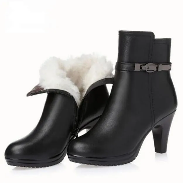 Warm and comfortable Fur one wool shoes woman winter ankle boots 2020 new Fashion cowhide leather shoes high heels women boots