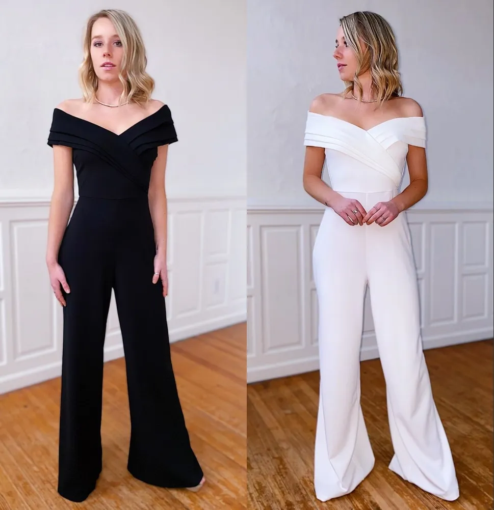 2020 Prom Pageant Jumpsuits Column Off The Shoulder Black White Crepe Long Formal Event Party Wear Dress Zipper Back Bridal Bridesmaid Crows