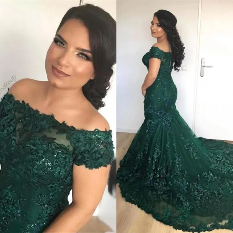 Sparkly African Dark Green Mermaid Evening Dresses Off the Shoulder Lace Sequins Corset Back Long Prom Celebrity Gowns