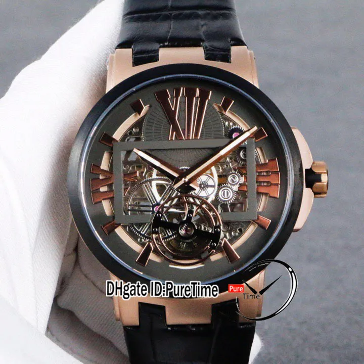 New Executive Automatique Tourbillon Montre Homme Deux Tons Or Rose Lunette Noire Cadran Squelette Or Marqueurs Romains Cuir Noir Puretime F03a1