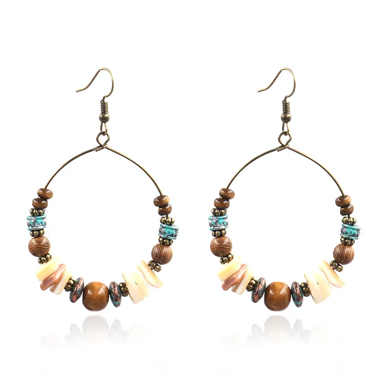 Boucles d'oreilles en coquillage pour femmes, style bohémien, perles en bois, grand cercle, pendentifs, bijoux à la mode, 1 paire