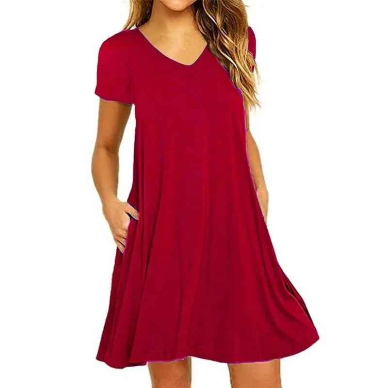 Plus Size Moda Damskie Letnie Casual Krótki Rękaw Solid Color Beach Sukienka z kieszeniami Deep V-Neck Luźna Plisowana Bawełna Mini Dress Loose