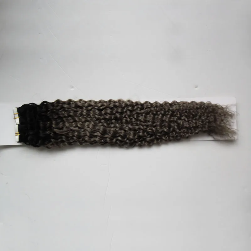 회색 옴 브레 브라질 처녀 머리 40pcs 테이프 머리카락 100g 아프리카 곱슬 곱슬 곱슬하게 만든 기계 레미 양면 테이프 피부 Weft 접착 머리카락