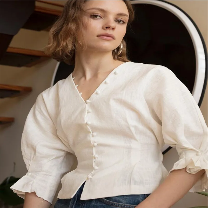 2019 mode vrouwen v-hals single-breasted wit shirt trendy lente herfst flare mouw eenvoudige massieve blouse top A1113