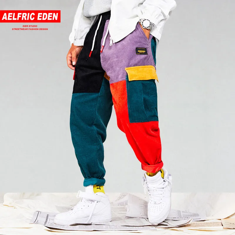 Aelfric Eden Erkekler kadife Patchwork Cepleri Kargo Pantolonları 2018 Harem Joggers Haruku Swearpants Hip Hop Street Giyim Pantolonları Ur51