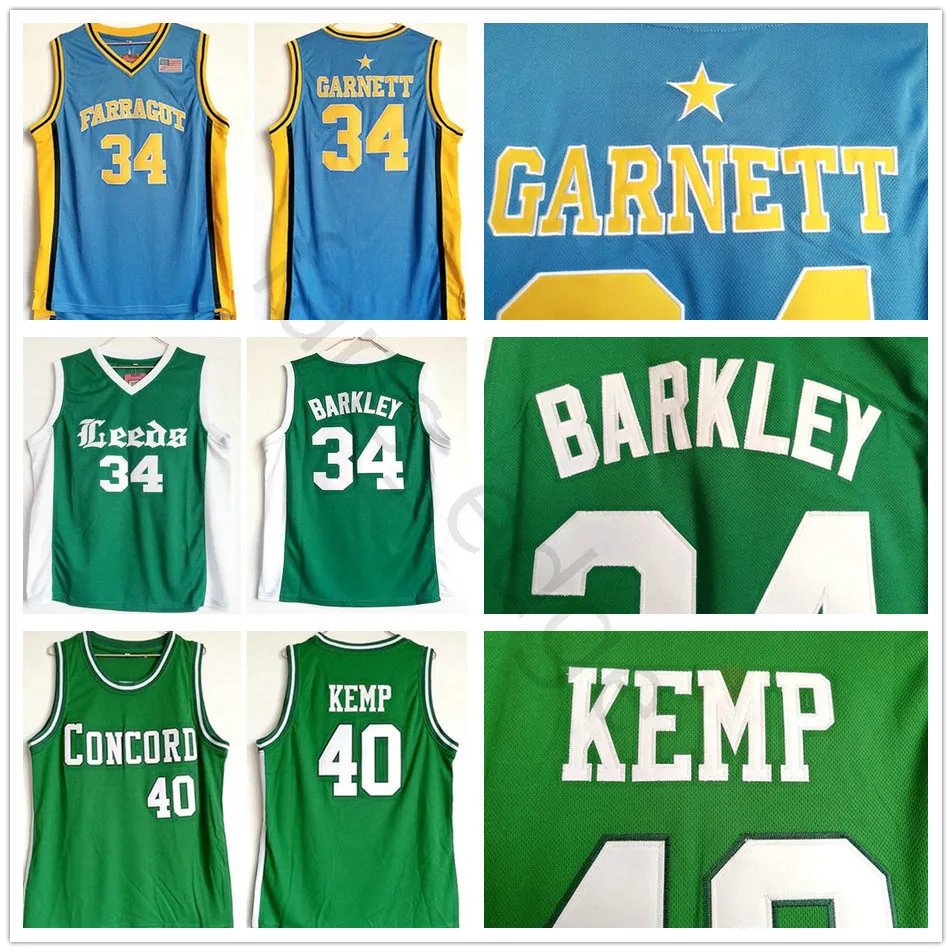 NCAA Leeds Charles #34 Barkley Jersey Green Farragut Kevin 34 Garnett Blue Jerseys Concord Shawn 40 Kemp High School Basketball Shirt