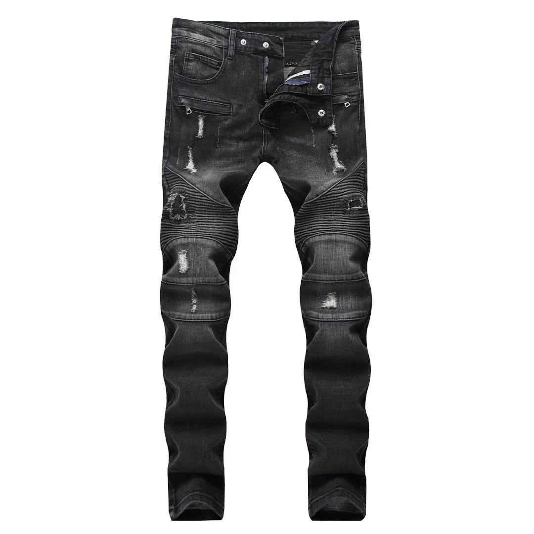 Czarne dżinsy Mężczyźni Hole Casual Ripped Jeans Slim Fit Rap Hip Hop Spodnie Proste Klasyczne Plisowane Dżinsowe Spodnie Biker