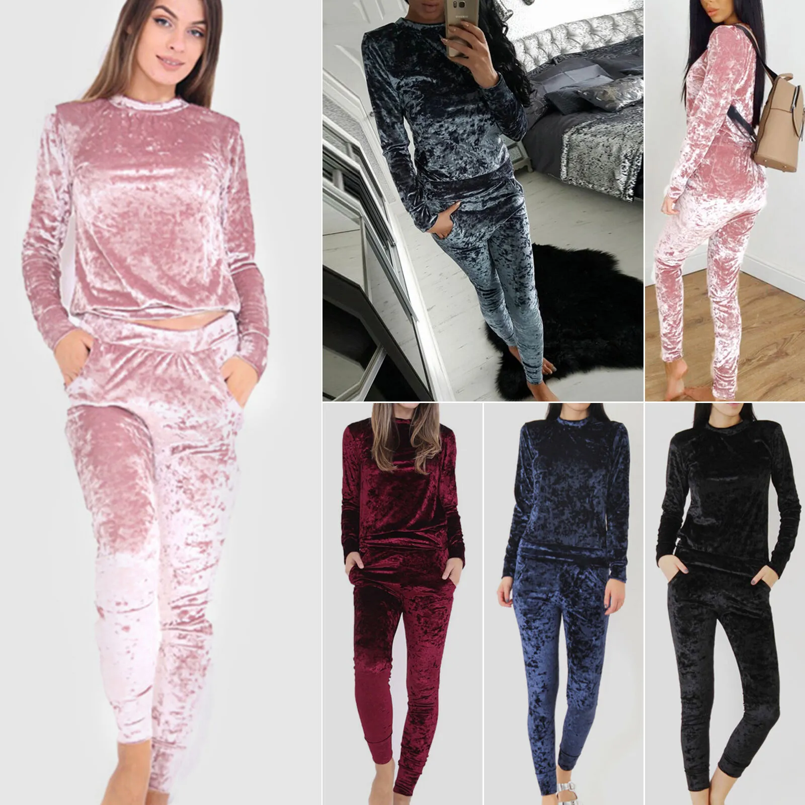 Womens Crushed Velvet Tracksuit Set Jogging Slim Fit Suit Sweatshirt
