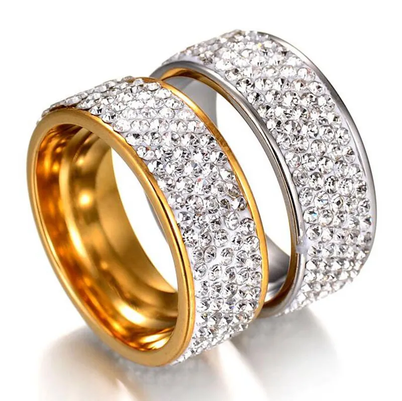 20pcs Gold Silver Comfort-fit Qualidade 5 linhas Zircon inoxidável Anéis de casamento CZ Aço para homens e mulheres Atacado acoplamento do casamento Jóias