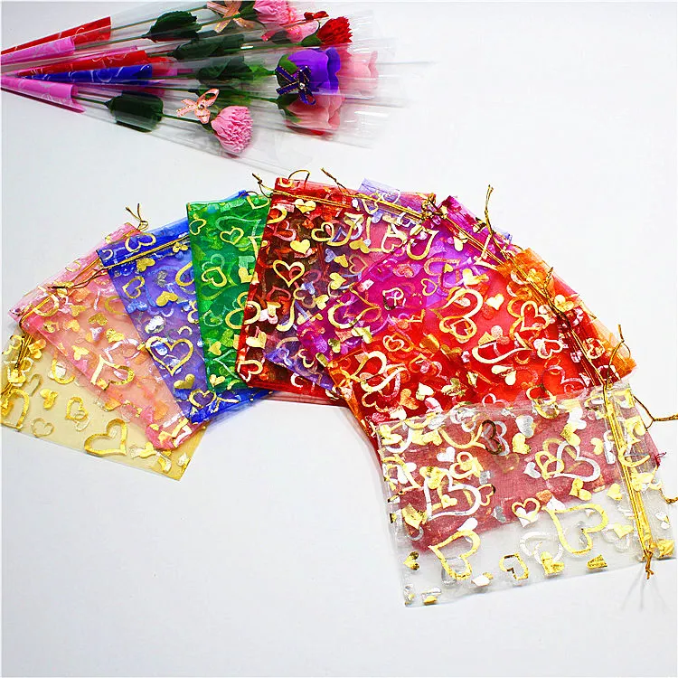 Heart Small Organza Candy Jewelry Bags Gift Pouches 11 colors 7X9cm Open Gold Silver Heart 500pcs HJ246
