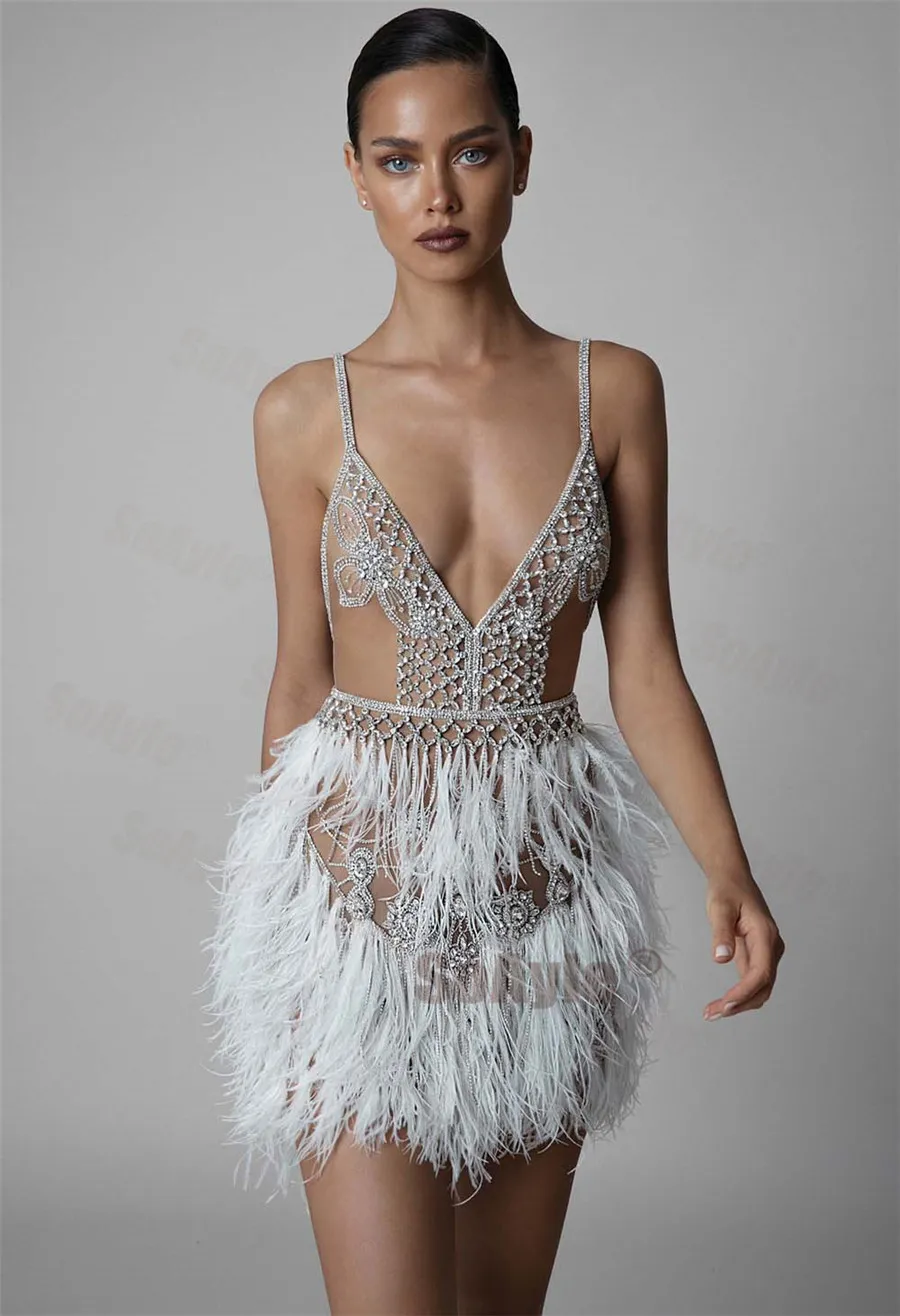 Berta Style Feather Feather Evening Dress With Spaghetti Straps
