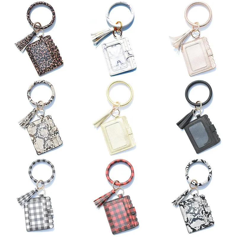 Leather Tassel Keyring Card Holder Bag Key Chain Ring for Women Men Leopard Snake Id Wallet Gold Kabaw Fashion Bracelet Keychain