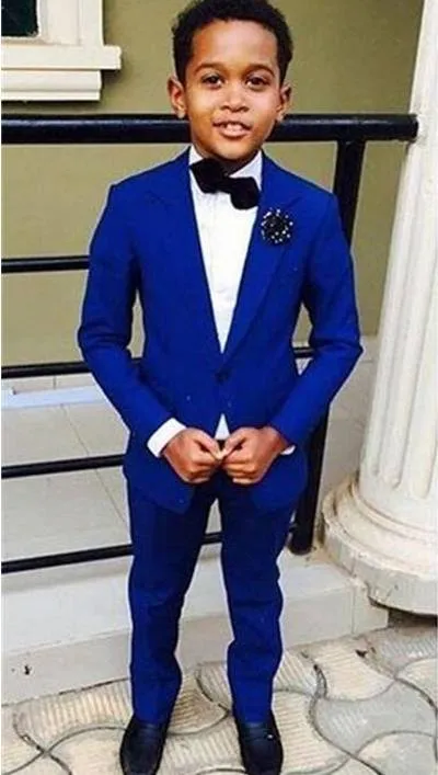 Slim Fits Royal Blue Young Tuxedos Children Business Pak Kid Birthday Prom Party Sets (jas + broek + strikje + zakdoek) D71