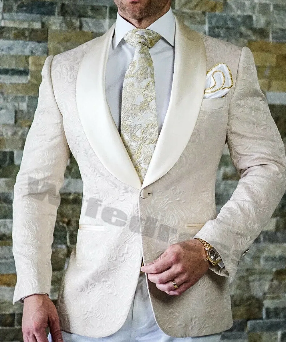 Witte mannen Suits Wedding Wear Tuxedos Suit Prom Dinner Party Groomsman Blazers Gedrukt Floral Rapel een stuk jas op maat gemaakt