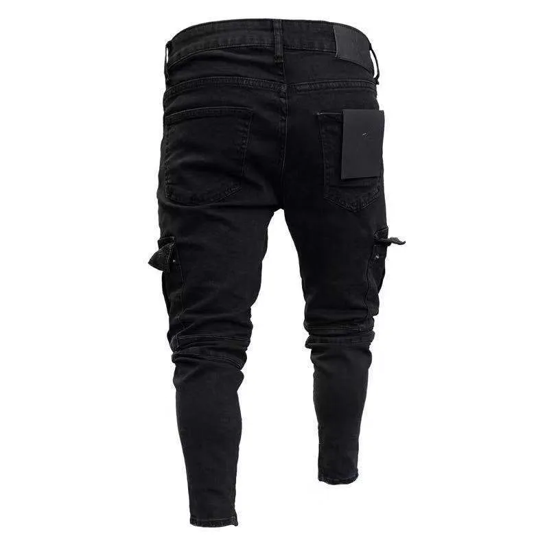 Fashion-19ss رجل مصمم جينز 2019 الربيع الأسود ممزق الثقوب المتعثرة تصميم جان رصاص السراويل جيوب hommes pantalones