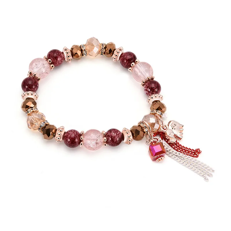 Bellissimo braccialetto da donna con ciondoli a forma di animali, cristalli rosa, metallo argentato, con nappe colorate