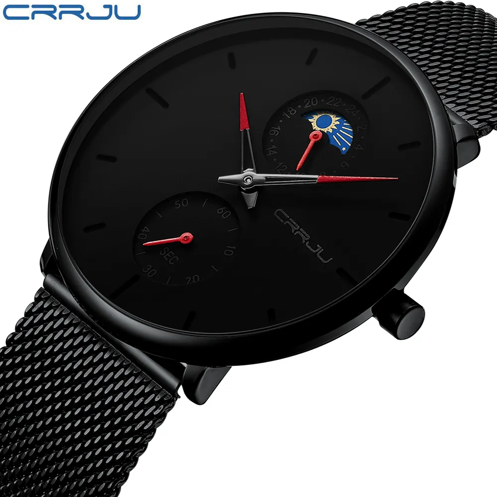 erkek kol saati CRRJU mode hommes affaires montres décontractées 24 heures conception Unique montre à Quartz maille étanche Sport montre-bracelet291R