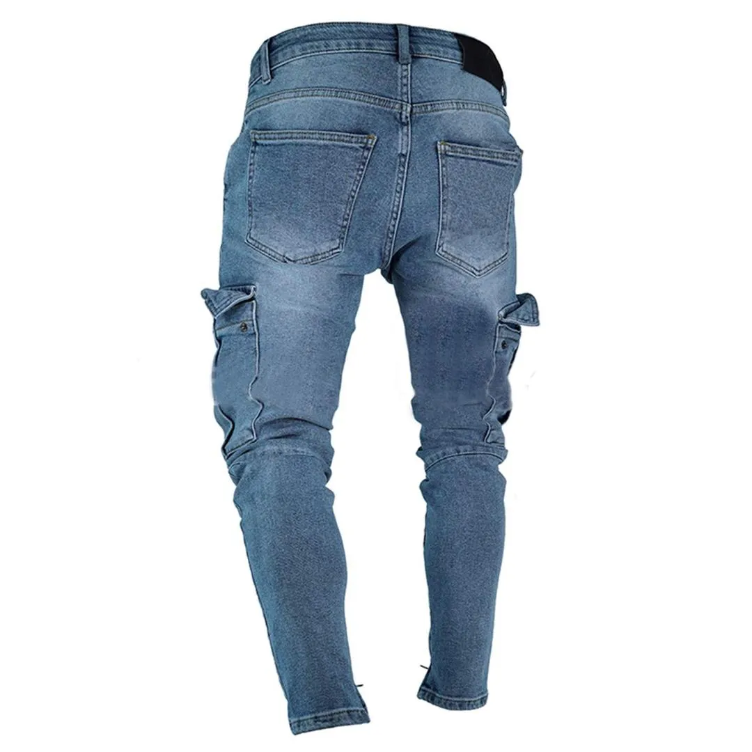 Mens Fashion Stretch Skinny Jeans with Thigh Pockets Slim Fit Denim Pants
