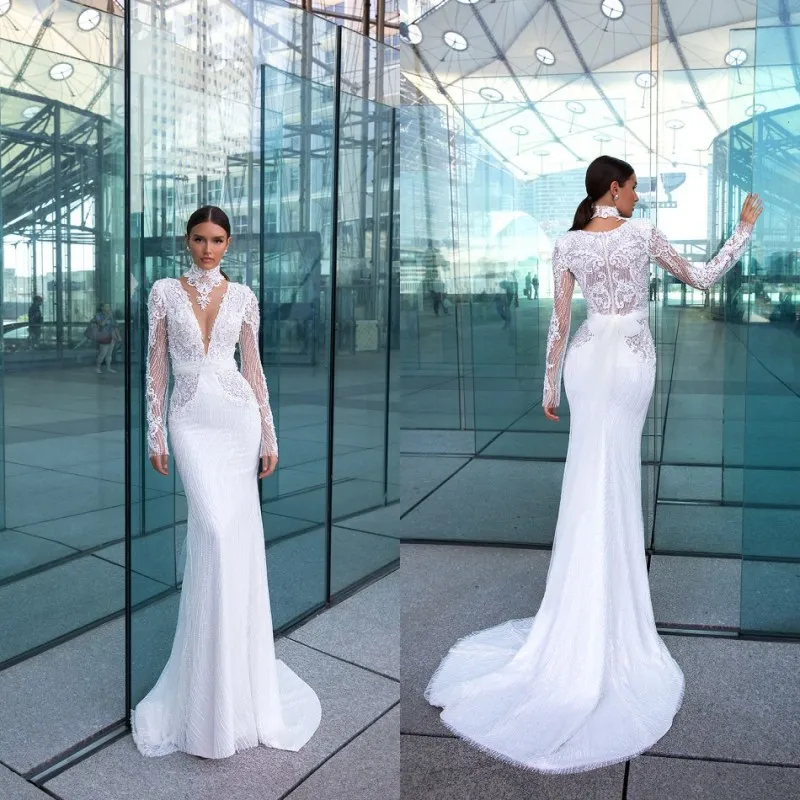 Luxo Sereia Cristal Design 2019 Vestidos De Casamento V Pescoço Lace Beading Manga Longa Vestidos Bridais Plus Size Beach Vestido de Noiva Robe de Mariée