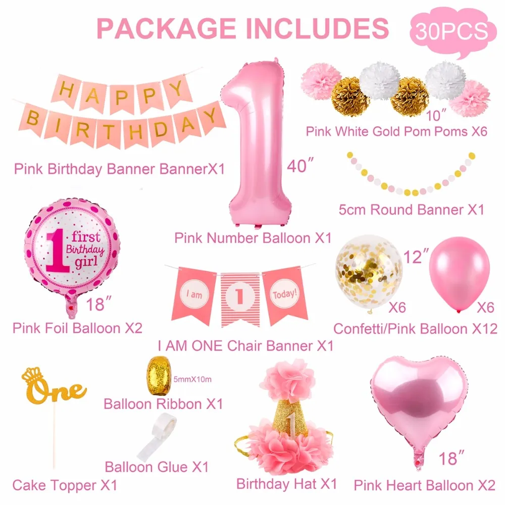 30 Pièces 1er Anniversaire Décorations Premier Anniversaire Fille Fête Décoration  1 An Anniversaire Décorations Bébé Douche Décor Un An Vieux Du 24,98 €