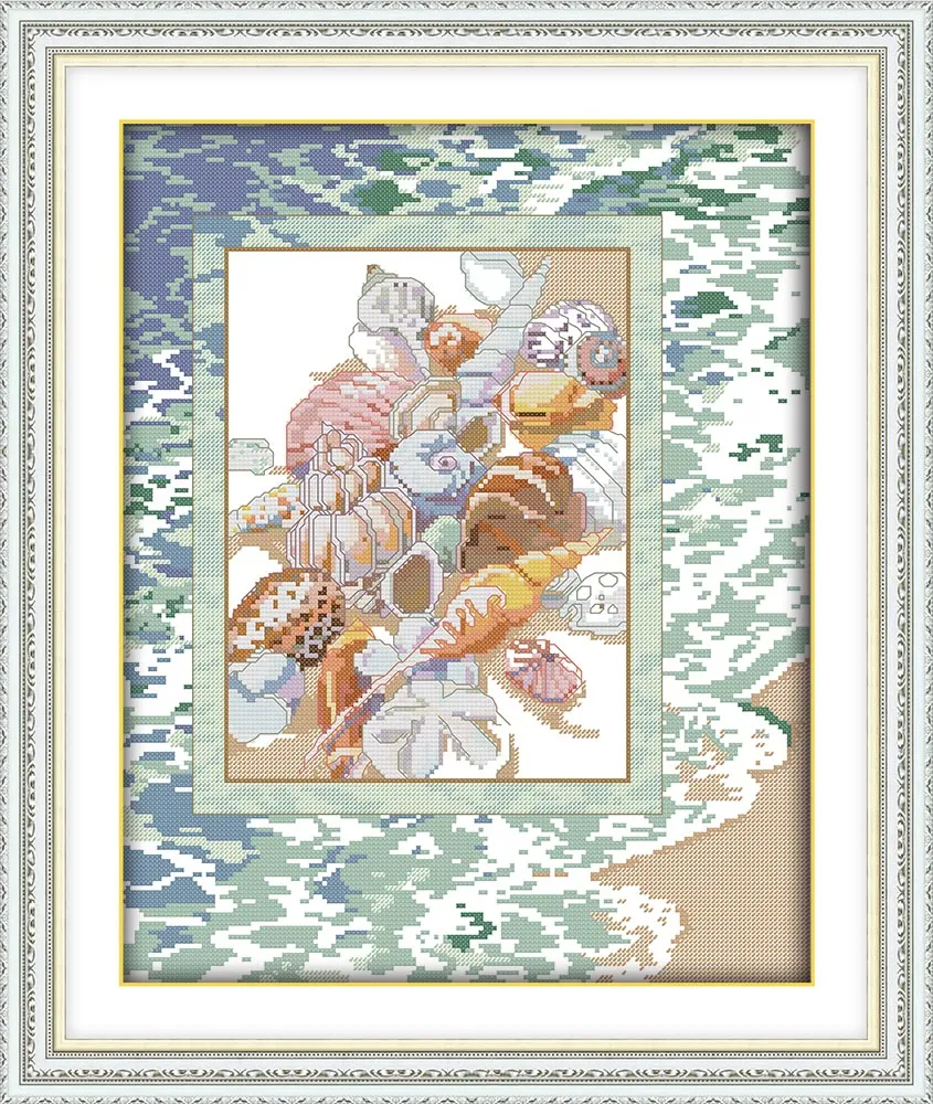 Conch beach sea scenery decor paintings ,Handmade Cross Stitch Embroidery Needlework sets counted print on canvas DMC 14CT /11CT
